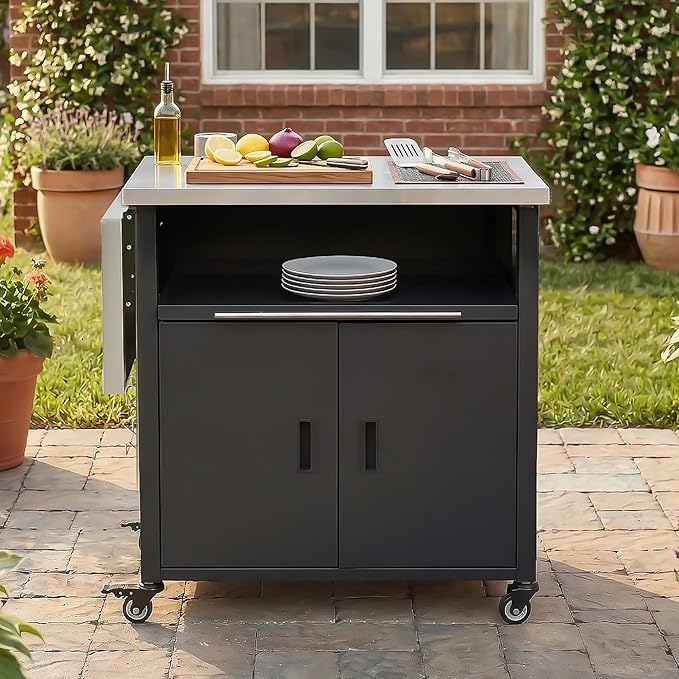 JIJIWANG 73.8" Outdoor Kitchen Island with Stainless Steel Top and Foldable Table, Kitchen Island with Trash and Spice Rack, BBQ Cart with Wheels for Backyard, Patio, Black