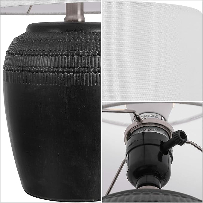 JONATHAN Y 16.75" Black/Nickel Ceramic Table Lamp Set of 2, Rustic Traditional Reeded Vase Lamps with White Linen Shade for Bedroom Living Room Decor JYL5707A-SET2