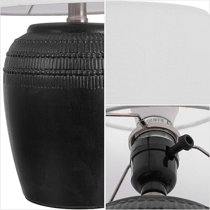 JONATHAN Y 16.75" Black/Nickel Ceramic Table Lamp Set of 2, Rustic Traditional Reeded Vase Lamps with White Linen Shade for Bedroom Living Room Decor JYL5707A-SET2