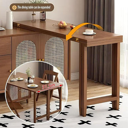 60.68in Multifunctional Folding Buffet Table, Modern Bar Cabinet with Swivel Table, Extendable Dining Table, Double Storage Cabinet for Kitchen, Living Room, Small Space - Walnut/White(Walnut,50.79in)