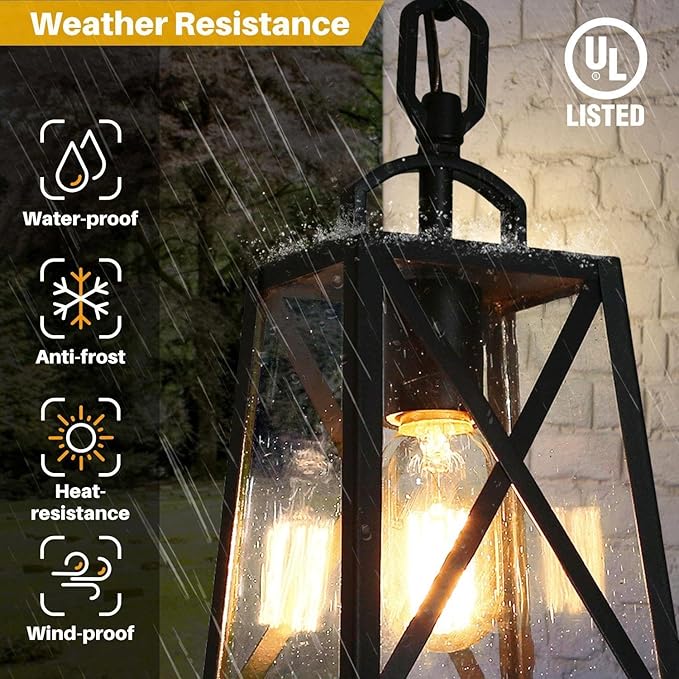 Outdoor Pendant Light Fixture, Farmhouse Exterior Anti-Rust Hanging Lights, Black Ceiling Outdoor Light with Seeded Glass, Hanging Lantern for Front Door, Entry, Porch, and Gazebo