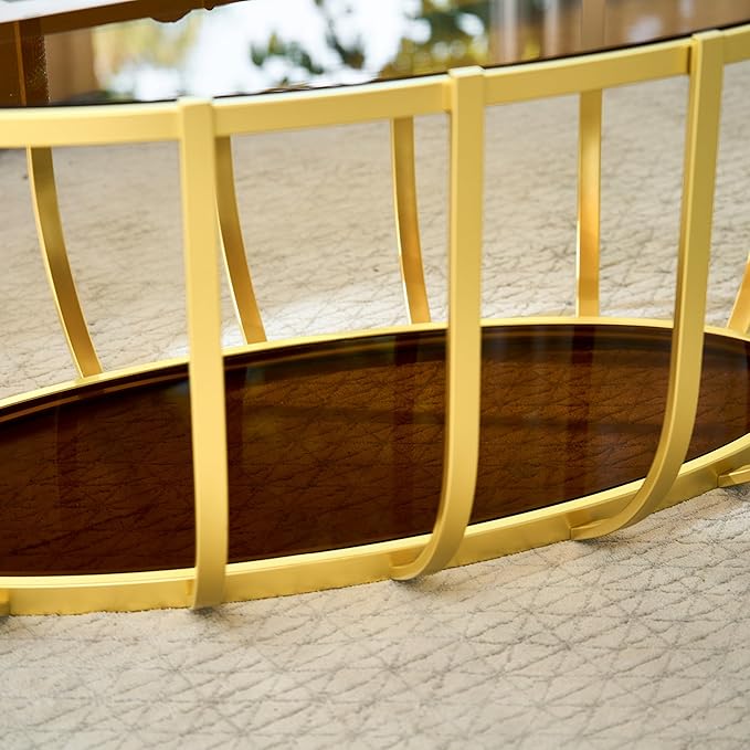 Saint Mossi Glass Oavl Coffee Table for Living Room, Mid Century Modern 2-Tier Glass Drum Center Table, Brown Glass Top with Gold Finish Legs & Frame, L42.5xW23xH16.5