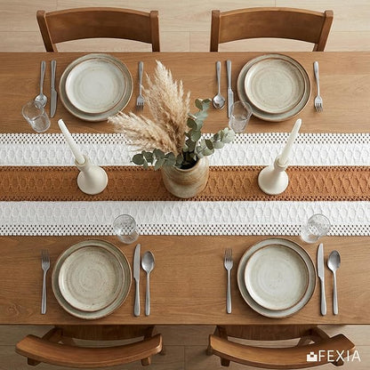 FEXIA Boho Table Runner with Tassels 12x72 Inches for Home Decor Farmhouse Rustic Macrame Hollow-Out Table Decoration for Living Room and Dining Room, Reddish Brown