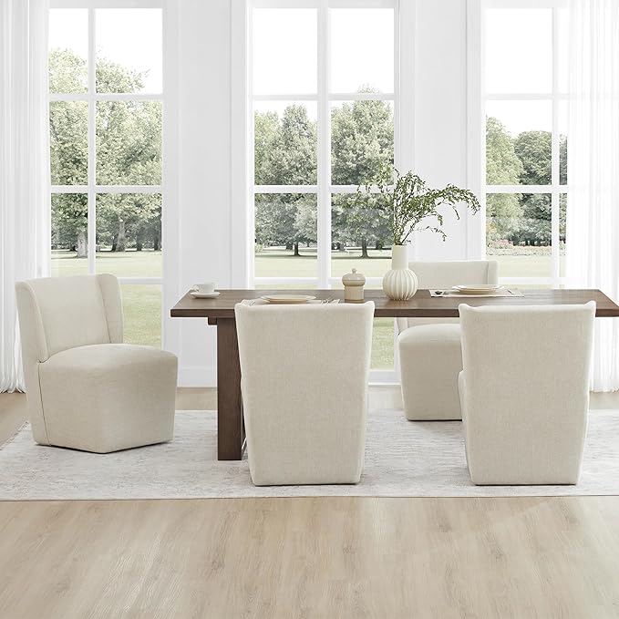 KISLOT Upholstered Dining Chairs Set of 1 with Casters, Wingback Modern Side Armless Deskchair with Rollers for Diningroom Bedroom Livingroom Reading Room, Cream Beige Fabric