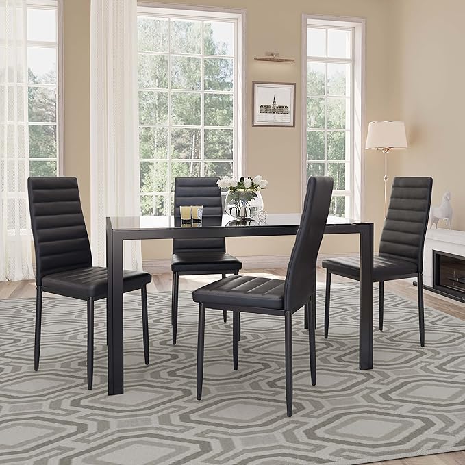 Gizoon 5 Piece Glass Dining Table Set, Kitchen and Chairs for 4, PU Leather Modern Room Sets for Home, Kitchen, Living Room