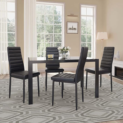 Gizoon 5 Piece Glass Dining Table Set, Kitchen and Chairs for 4, PU Leather Modern Room Sets for Home, Kitchen, Living Room