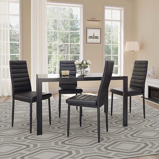 Gizoon 5 Piece Glass Dining Table Set, Kitchen and Chairs for 4, PU Leather Modern Room Sets for Home, Kitchen, Living Room