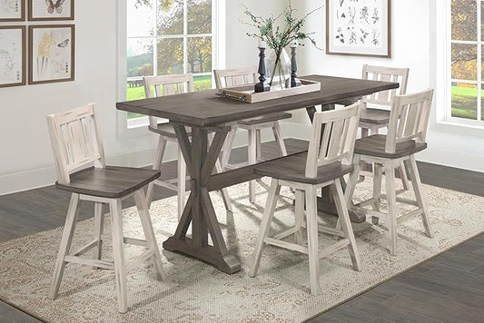White Gray Counter Height Swivel Chairs Set of 2, 360-Degree Rotation, Solid Rubberwood Dining Chairs for Kitchen Island, Countertop