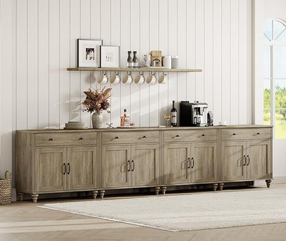 WAMPAT Large Buffet Cabinet with 8 Doors and 4 Drawers, Modern Coffee Bar Table Wood Kitchen Storage Cabinets, Farmhouse Sideboard Credenza for Dining Room, Wash Grey, 134 inch