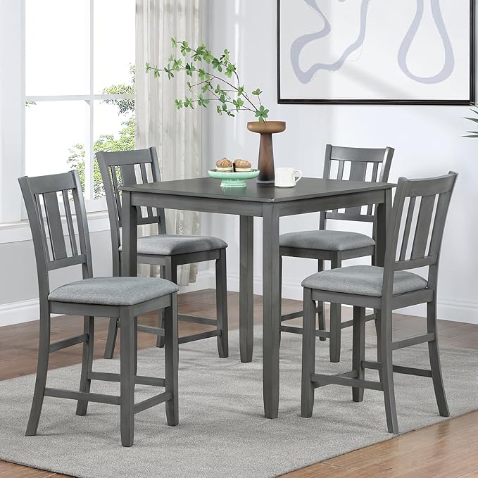 5-Piece Counter Height Solid Wood Dining Table Set for 4, Square Kitchen Table with 4 Upholstered Slatted-Back Chairs, Modern Gray Dining Set for Kitchen and Dining Room