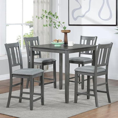 5-Piece Counter Height Solid Wood Dining Table Set for 4, Square Kitchen Table with 4 Upholstered Slatted-Back Chairs, Modern Gray Dining Set for Kitchen and Dining Room