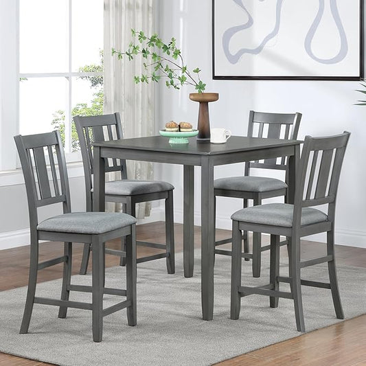 5-Piece Counter Height Solid Wood Dining Table Set for 4, Square Kitchen Table with 4 Upholstered Slatted-Back Chairs, Modern Gray Dining Set for Kitchen and Dining Room