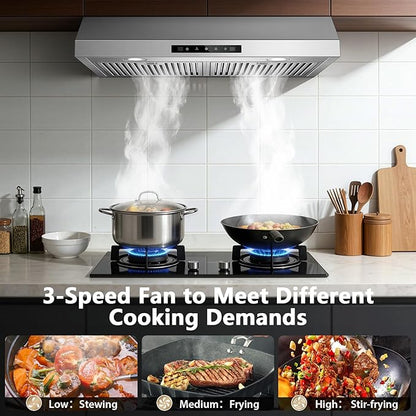 Range Hood 30 inch Under Cabinet, 800 CFM Stainless Steel Range Hood with Gesture and Touch Control, kitchen hood with Carbon Filter, 3 Fan Speed, Ducted/Ductless Convertible