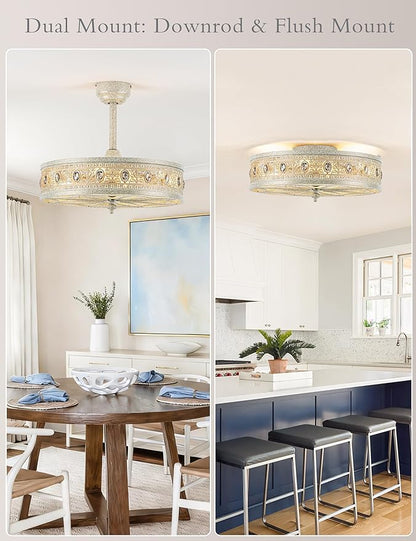 Crystal Chandelier Ceiling Fan with Light,French Coastal Ornate Caged Bladeless Fandelier,Elegant Decorative Round Light Fixture,Hanging/Flush Mount for Bedroom,Kitchen Island,Dining Room,Living Room