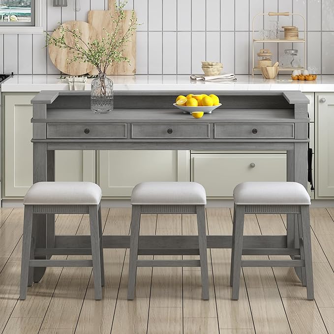 4-Piece Counter High Bar Table Set with Drawers & Charging Station,Counter Height Dining Table Set with Rectangle Table & 3 Upholstered Chairs,Dinette sets for Breakfast Nook,Small Place,Light Grey