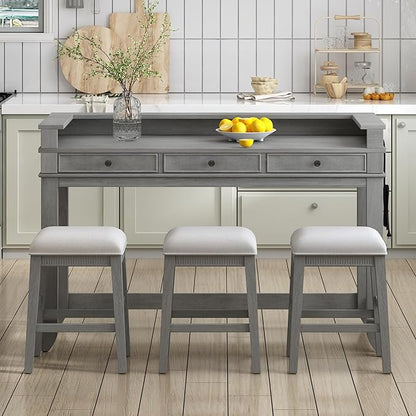 4-Piece Counter High Bar Table Set with Drawers & Charging Station,Counter Height Dining Table Set with Rectangle Table & 3 Upholstered Chairs,Dinette sets for Breakfast Nook,Small Place,Light Grey