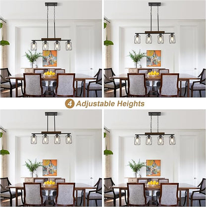 4-Light Dining Room Light Fixture/Chandelier Over Table, Island Lighting Hanging for Farmhouse Linear Chandeliers Matte Black Rustic Wood Ceiling Pendant Light Fixtures, with Clear Glass Shade