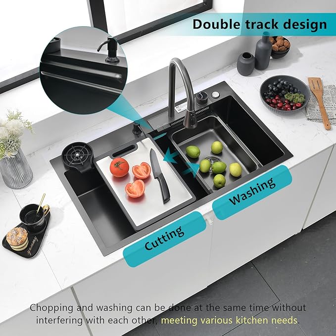 Waterfall Kitchen Sink 33" x 20" Drop-in Single Bowl Sinks, SUS304 Workstation Handmade Undermount Sink With Pull-out Faucet, Cup Washer & Accessories
