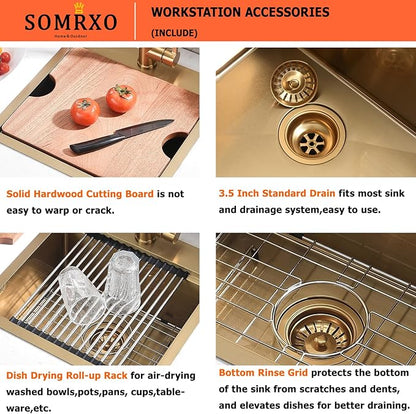 21x20 Inch Drop In Bar Sink - 16 Gauge Gold Stainless Steel Small Kitchen Sink, 10" Deep Single Bowl Workstation Sinks with Accessories for RV, Outdoor Kitchen & Wet Bar