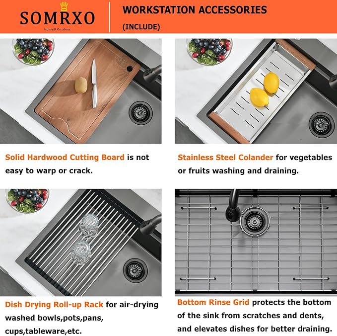36×22 Black Drop In Kitchen Sink Workstation – 16 Gauge Black Stainless Steel Kitchen Sink, Large Top Mount Single Bowl Commercial Sinks with Accessories