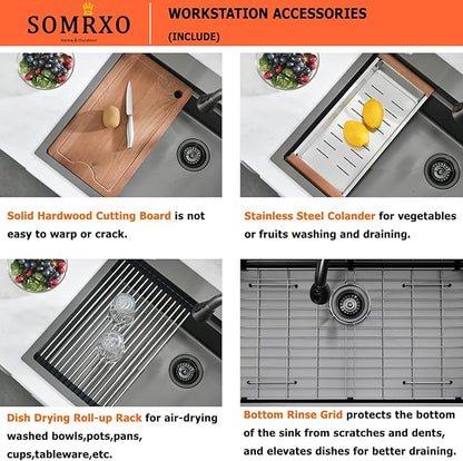 36×22 Black Drop In Kitchen Sink Workstation – 16 Gauge Black Stainless Steel Kitchen Sink, Large Top Mount Single Bowl Commercial Sinks with Accessories