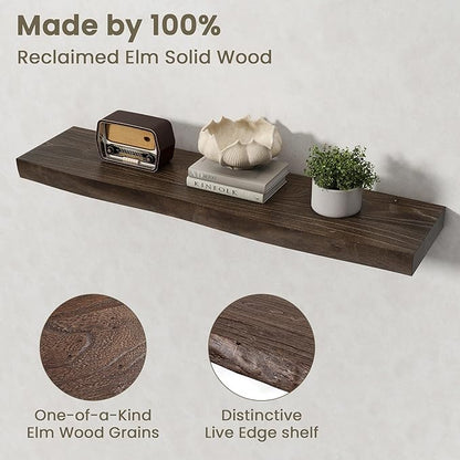 Fun Memories Floating Shelves for Wall Decor Set of 2-36 Inch Solid Elm Wood Live Edge - Rustic Walnut Wall Shelves with Invisible Brackets - for Living Room, Bedroom, Kitchen - Walnut Finish
