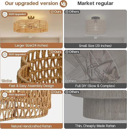 24” Boho Rattan Ceiling Light Fixture, Hand-Woven Wicker Flush Mount Chandelier, Rustic Coastal Scalloped Gold Base Semi Flush Lighting for Bedroom, Dining Room, Kitchen, Foyer, Living Room