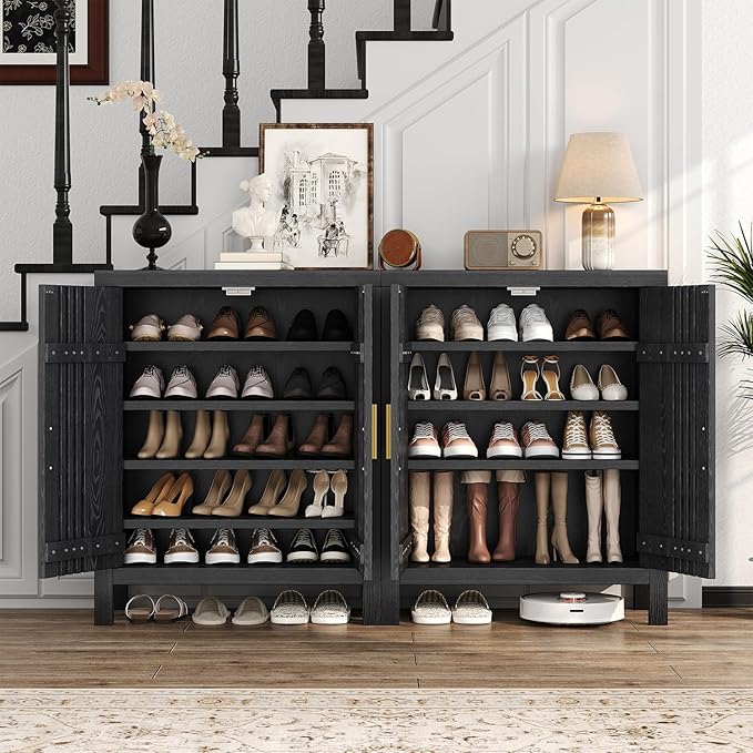 UNIQUITE Wooden Shoes Cabinet with Adjustable Shelves, Retro Freestanding Shoe Organizer Cabinet for Entryway Hallway Living Room, 5-Tier Shoe Cabinet with Doors for 20 Pairs, Black