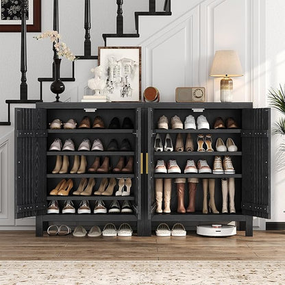 UNIQUITE Wooden Shoes Cabinet with Adjustable Shelves, Retro Freestanding Shoe Organizer Cabinet for Entryway Hallway Living Room, 5-Tier Shoe Cabinet with Doors for 20 Pairs, Black