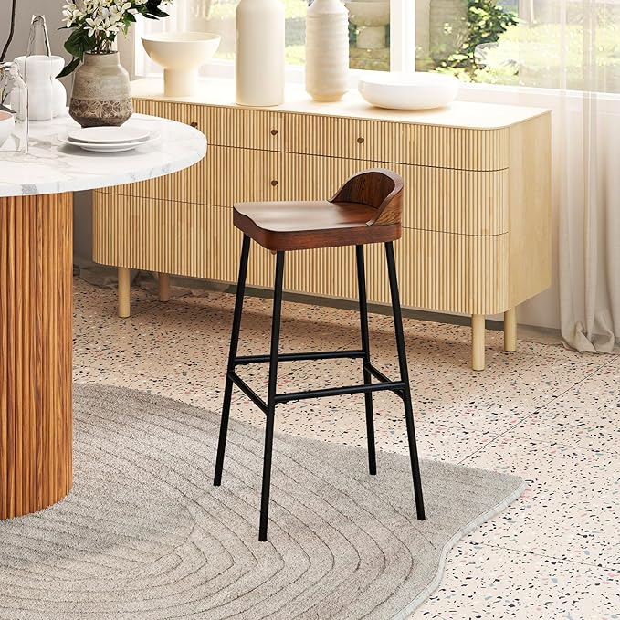 Giantex 29" Bar Height Bar Stools Set of 2, Industrial Wood Barstools with Metal Legs, Chic Low Back, Curved Seat Surface, Max Load 330 Lbs, Wooden Armless Bar Dining Chairs for Kitchen Island Pub