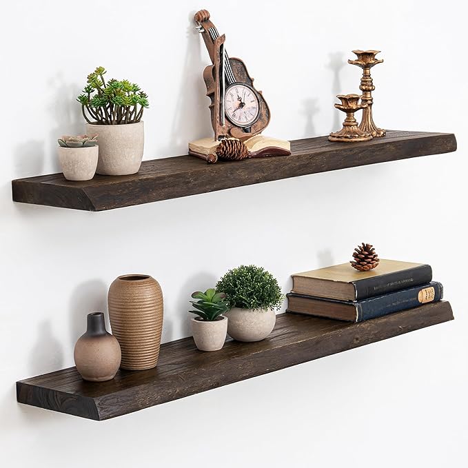 Acovy Extra Deep 36" Long Live Edge Rustic Floating Shelves for Wall, Solid Wood Wall Shelves with Invisible Bracket Mount for Living Room Bathroom Bedroom Kitchen, Set of 2, Natural