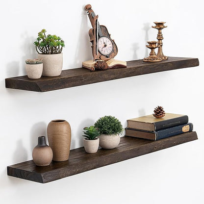 Acovy Extra Deep 36" Long Live Edge Rustic Floating Shelves for Wall, Solid Wood Wall Shelves with Invisible Bracket Mount for Living Room Bathroom Bedroom Kitchen, Set of 2, Natural