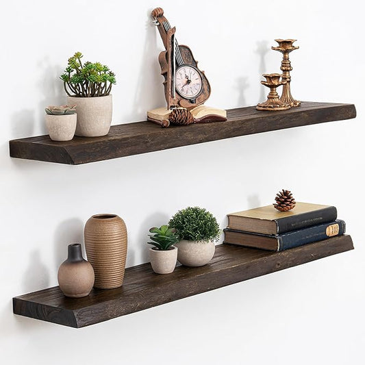 Acovy Extra Deep 36" Long Live Edge Rustic Floating Shelves for Wall, Solid Wood Wall Shelves with Invisible Bracket Mount for Living Room Bathroom Bedroom Kitchen, Set of 2, Natural
