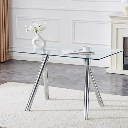 51.2 Inch Glass Dining Table for 4-6 People, Sturdy Metal Tube Legs, Silver and Glass Dining Room Tabble for 4, Space-Saving Rectangular Breakfast Nook Table for Home Apartment
