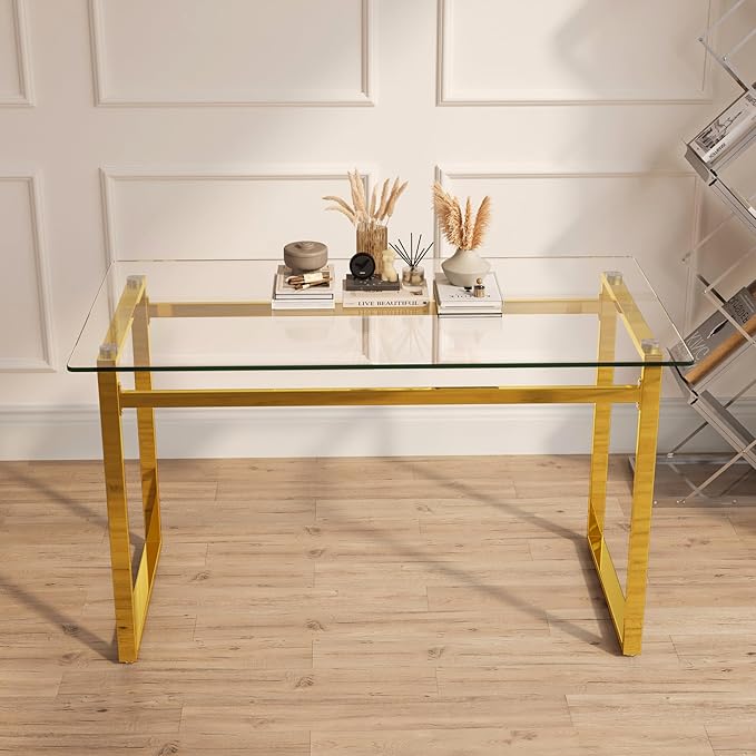 Goujxcy Glass Dining Table Modern 51'' Rectangle Kitchen Table for 4 with Tempered Glass Tabletop and Metal Legs for Kitchen, Dining Room, Restaurants (Gold)
