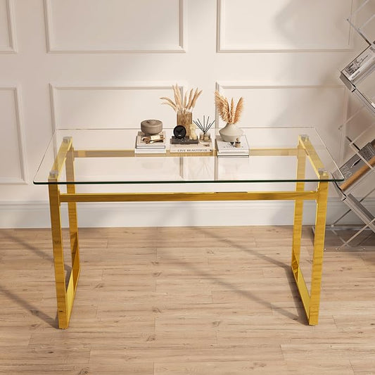 Goujxcy Glass Dining Table Modern 51'' Rectangle Kitchen Table for 4 with Tempered Glass Tabletop and Metal Legs for Kitchen, Dining Room, Restaurants (Gold)