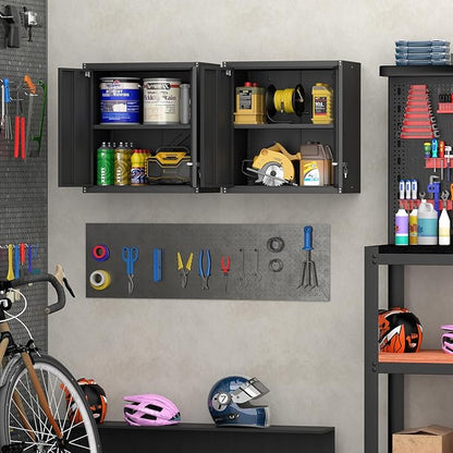 Metal Wall Cabinet, Steel Cabinet Wall Mounted, Lockable Storege Cabinet with Doors and Shelves, Upper Cabinets for Home Office, Pantry, Garage, Black