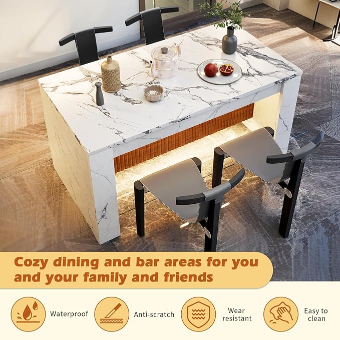 63" Modern Imitation Marble Stripes Kitchen Dining Table, Island Table with Grille Design and LED Lights for 4-6 People, Large Imitation Marble Dining Table for Home Kitchen Living Room.
