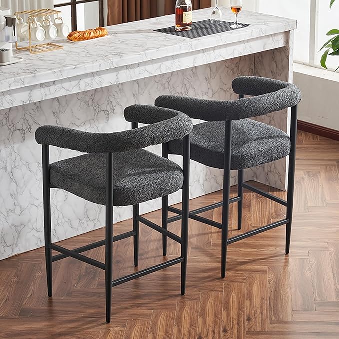 Modern Upholstered Bar Stools Set of 2, Boucle Fabric Counter Height Chairs with Metal e Armrests, Kitchen Island Bar Chairs for Home, Dining Room, Cafe,Dark Grey