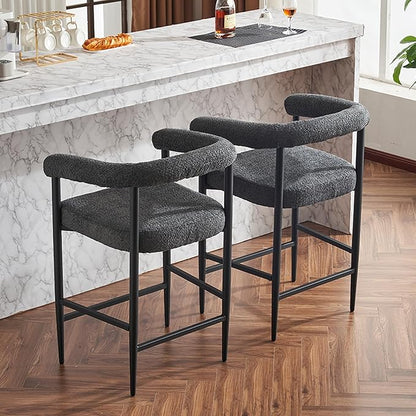 Modern Upholstered Bar Stools Set of 2, Boucle Fabric Counter Height Chairs with Metal e Armrests, Kitchen Island Bar Chairs for Home, Dining Room, Cafe,Dark Grey