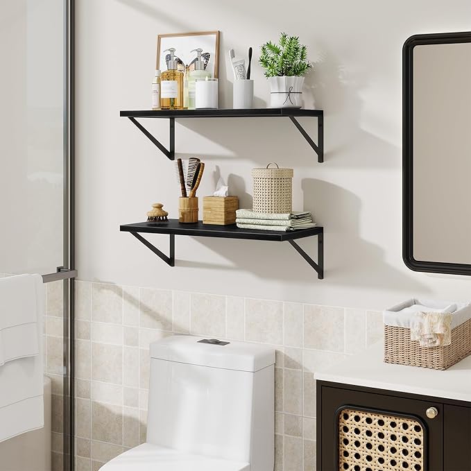 Acovy Deep Floating Shelves,24" Wx10 D Floating Shelf for Wall Set of 2,Hanging Storage Shelf with Metal Brackets,Wide Display Wall Shelves for Living Room,Bedroom,Bathroom,Kitchen,Black