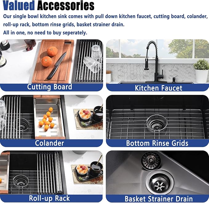 25x22 Black Drop In Kitchen Sink with Faucet Combo - 25 Inch Stainless Steel Workstation Kitchen Sink and Faucet Combo Set, Single Bowl Drop In Sinks Black with Accessories
