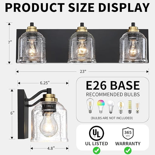 Vanity Lights for Bathroom Large 23", Farmhouse Rustic Vanity Light with Bubble Glass Shades, Black and Gold 3 Light Bathroom Lighting Fixtures Over Mirror, Bath Wall Sconce Home Decor