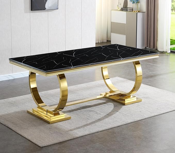 Black Marble Dining Table for 4 6, 70" Dining Room Table with Gold Stainless Steel Frame, Modern Kitchen & Dining Room Tables Rectangle Faux Marble Dinning Dinner Table for 4 6