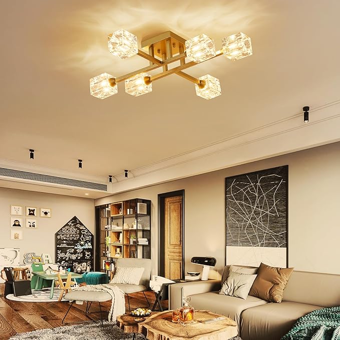 XINGQI Modern Ceiling Light 6 Lights Semi Flush Mount Ceiling Light Fixture, Gold Sputnik Chandeliers Mid Century Industry Lights for Bedroom Dining Room Farmhouse Kitchen