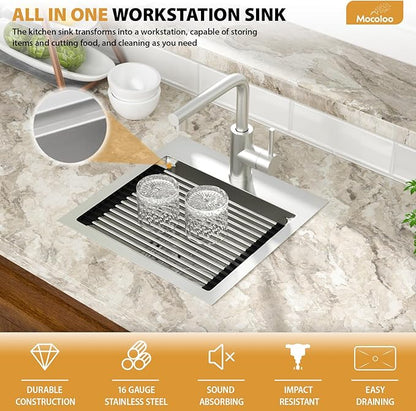 Mocoloo 15 Inch Bar Sink with Faucet, 16 Gauge Drop in Workstation Sink - 15x15x9" Stainless Steel Single Bowl Small Rv Kitchen Sink with Pull-Out Faucet