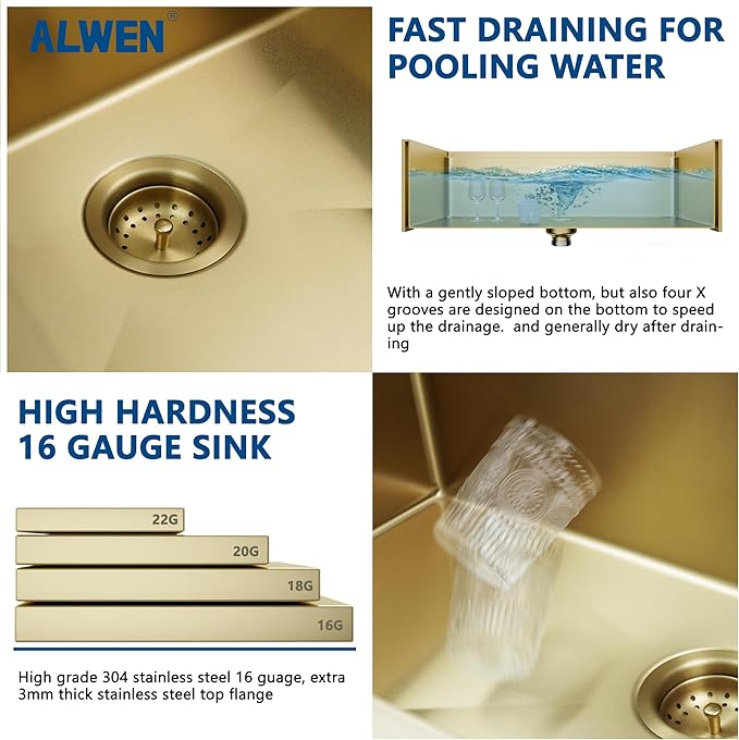 33" Luxury Gold Farmhouse Sink – ALWEN 16 Gauge Workstation Apron Front Sink, 10" Depth Single Bowl with R10 Radius & Accessories