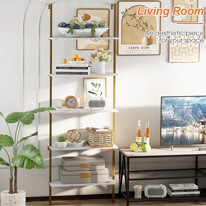 Wolawu 5 Tiers Ladder Shelf White Marble Modern Bookshelf Open Tall Wall Mount Bookcase Standing Leaning Wall Shelves Industrial Decorative