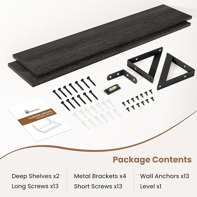 Axeman 36 Inch Floating Shelves | 8 Inch Deep Black Wall Shelves Set of 2 | 36''W x 8''D Rustic Black Wood Shelves for Bathroom Living Room Bedroom Kitchen