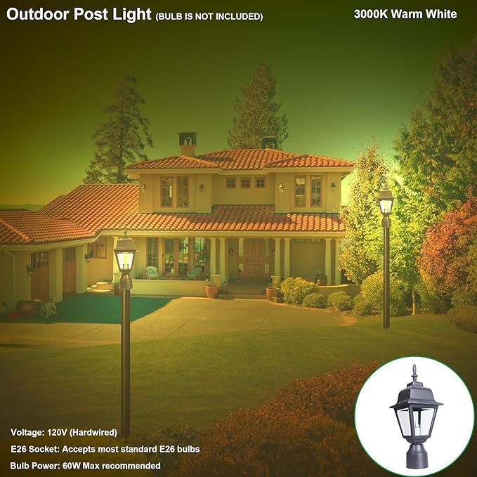 LIT-PaTH Outdoor Post Lighting Fixture Pole Lantern, E26 Medium Base Max 60W, Aluminum Housing Plus Clear Glass, Bulb Not Included, Matte Black Finish, 2-Pack